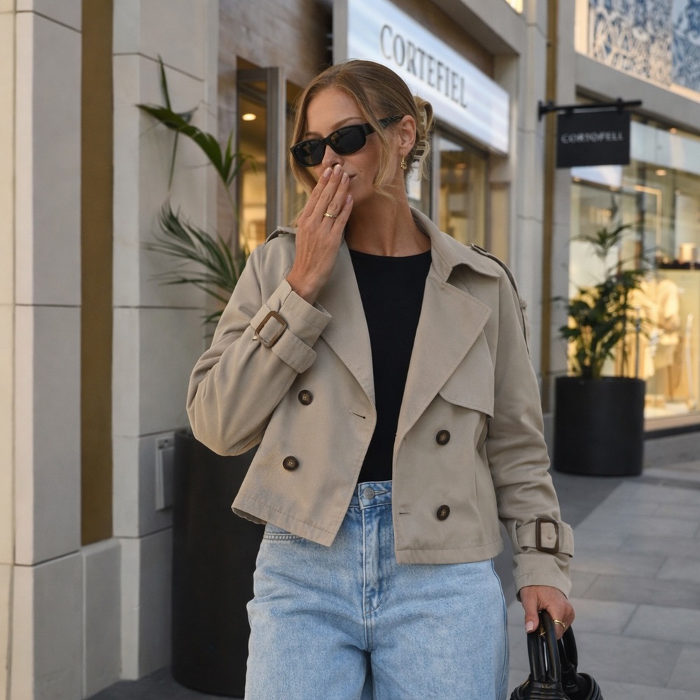 Cropped trench coat jacket tan khaki minimalist modern classic